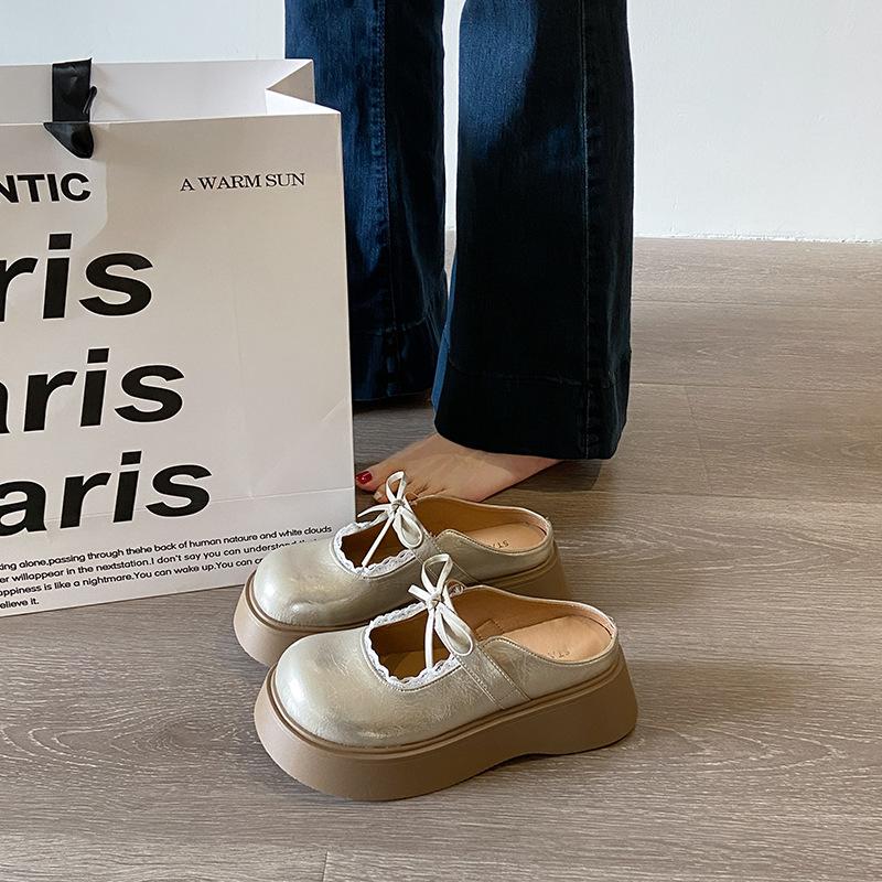 

Round head soft sole shallow mouth small leather shoes women s single shoes retro French with skirt lace Mary Jane bag head half drag 40 шампанского