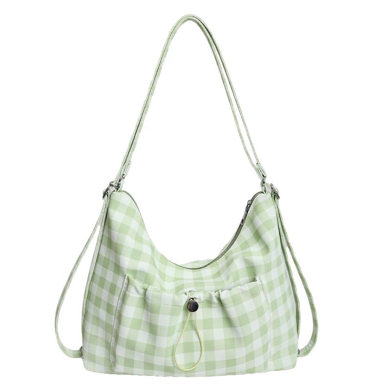 Fresh Plaid Drawstring Shoulder Bag, New Large Capacity Sports Outdoor Crossbody Bag, Versatile Stylish Women's Bag