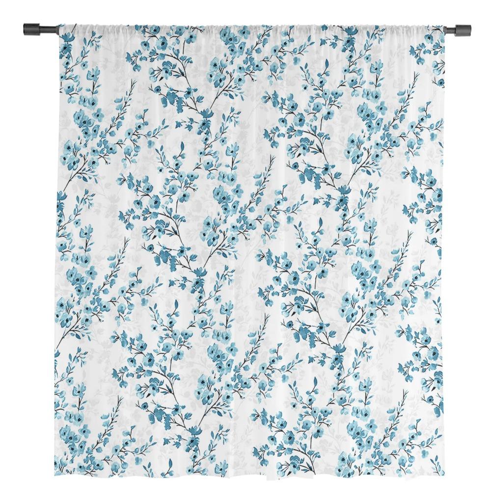 Blue Floral Leaves Transparent Drapes for Living Room Decoration Window Panel Curtains for Cooking Area Fine Netting Voile Organza Drapes
