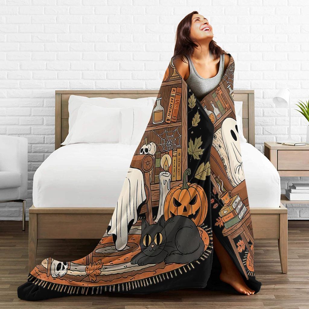 Retro Cozy Ghost Reading Bookish Librarian Halloween Blanket Flannel Throw Blanket For Couch Chair Soft Warm Quality Bedspread