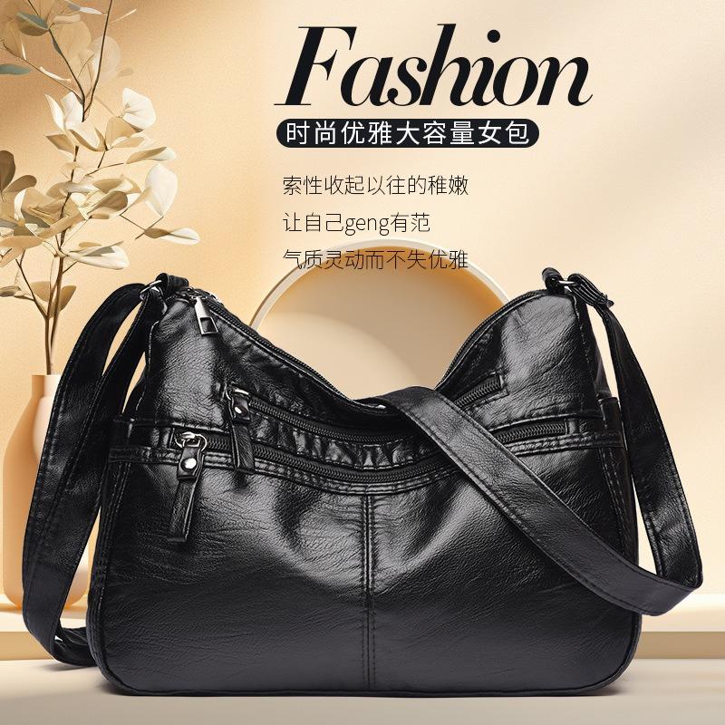 Retro washed pu bag women's fashion simple large-capacity mother bag multi-layer soft leather shoulder messenger bag