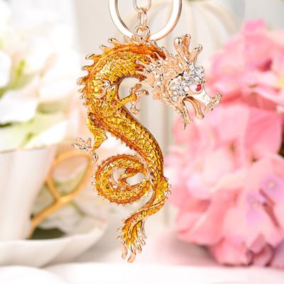 Chaveiro Brilhante com Strass Incrustado Design de Dragão Pingente de Chaveiro Processo de Gotejamento de Óleo Esmaltado Bordas Polidas Fivela de Mola Porta-Chaves Mochilas