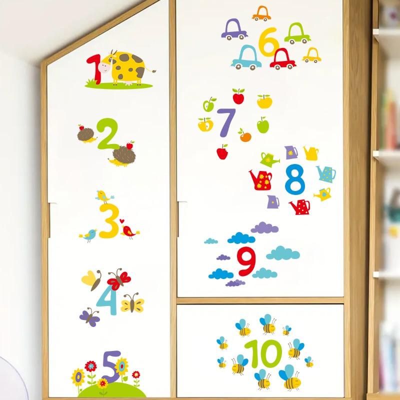 Cute Cartoon Colorful Numbers Flowers Animals Wall Stickers Self-Adhesive Decals for Kids Room Kindergarten Decor