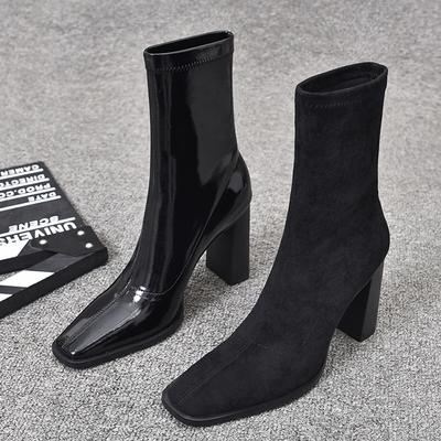 Fashion Designer Patent Leather Women Ankle Boots Fashion Square Toe Short Booties Concise Thick Heels Botas De Mujer