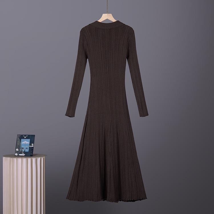 POLO neck knitted big swing skirt, European and American slim-fitting waist medium and long skirt women's knitted dress women