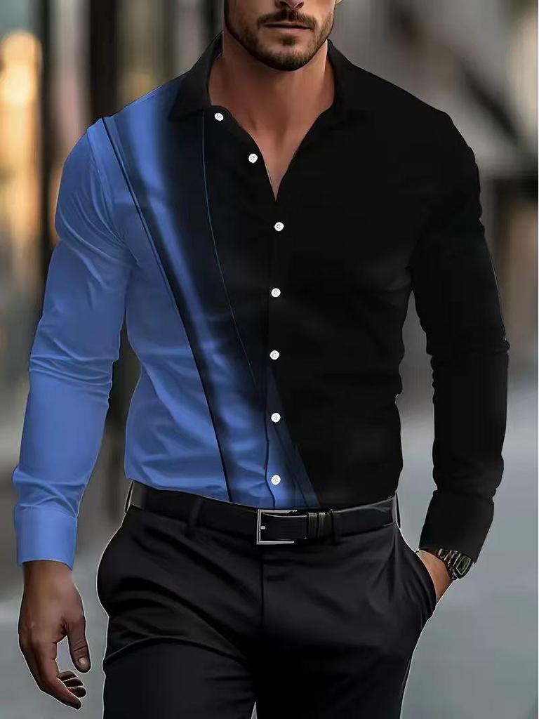 Men's Color Block Stretch Business Casual Long-Sleeved Shirt