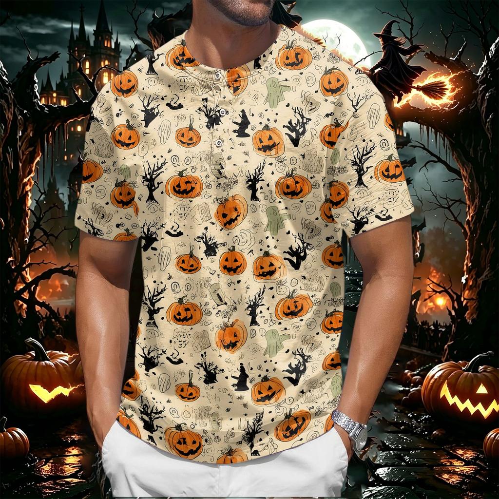 Men's Halloween Printed Crew Neck Short Sleeve Shirt Casual Loose Fit Top with and Pumpkin Pattern for Holiday