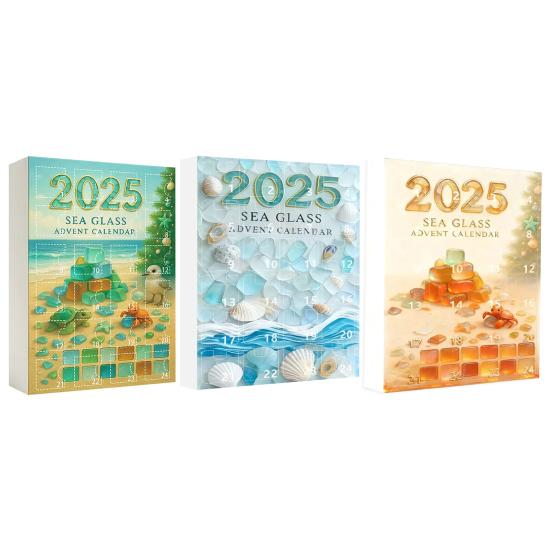 Adventní kalendář Vánoční strom z mořského skla 2025 24 dní Odpočítávání svátků s mini ozdobami z mořského skla Dekorace vánočního stromku s oceánskou tématikou