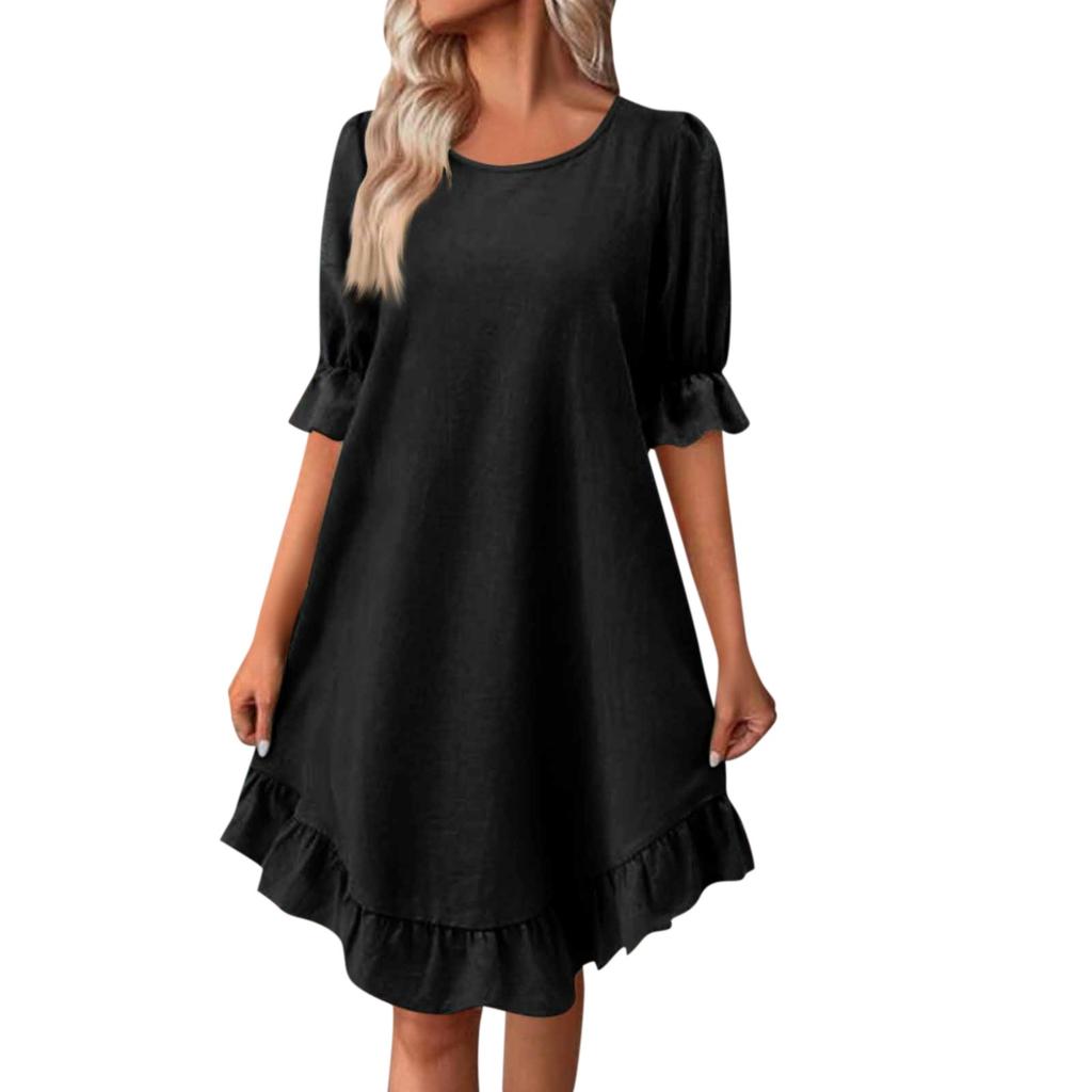 Women's Summer Casual Midi Sleeve Dress Round Neck Color Pullover Dresses