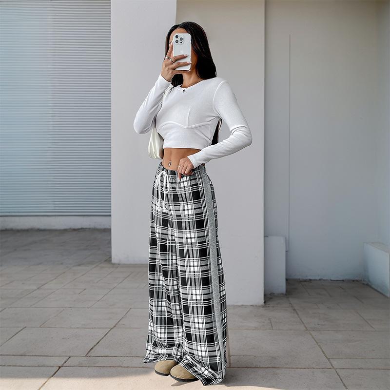 New Elastic Black and White Plaid Trousers Casual Plaid Splicing Wide-leg Pants for Women
