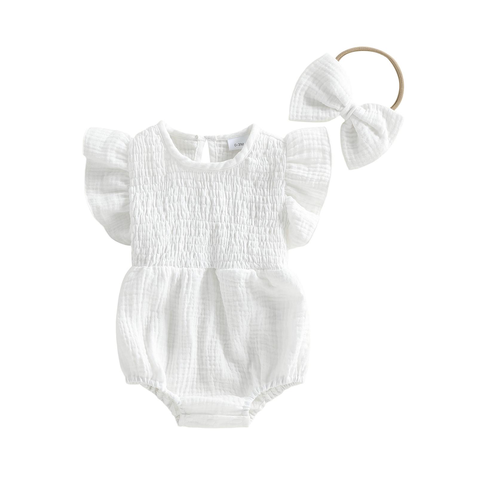 

Baby Girl Summer Outfit Solid Color Flutter Sleeve Round Neck Romper Bow Headband 2 Piece Set 0-3M белый