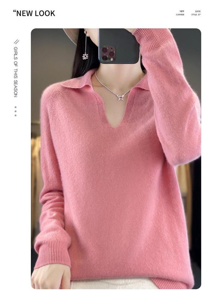 2023 Autumn/Winter Seamless Wool V-Neck Polo Sweater: Short, Solid Color, Loose Knit Base Layer