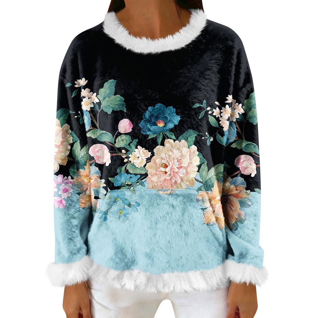Women's Casual Fleece Sweatshirt  Long-Sleeve Round  Neck Casual Comfortable Loose-Fit Lightweight Women's Flannel Sweatshirt