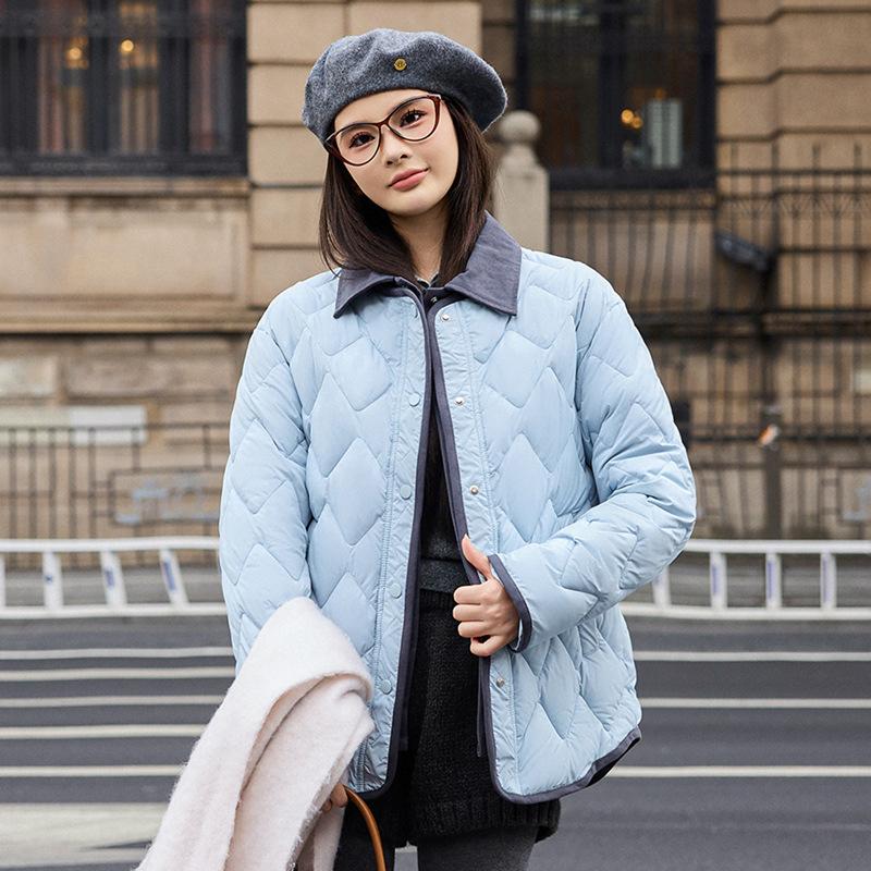 

Новая короткая пуховая хлопковая куртка женская контрастных цветов с лацканами и ромбовидной стежкой, легкая и свободная хлопковая куртка XXXL синий