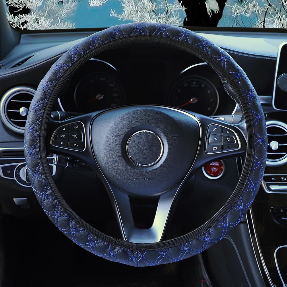 PU leather textured diamond pattern embroidered car rimless steering wheel cover 37-38CM car decorative item for all season
