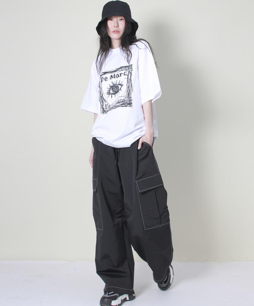 Deumakeu Real Street Wide Contrast Stitch Cargo Track Pants Black