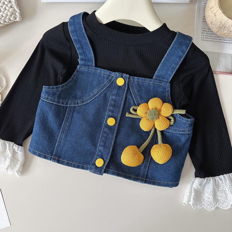 Girls' 3D Floral Denim Skirt & Lace Top Set – Autumn 2026 Collection
