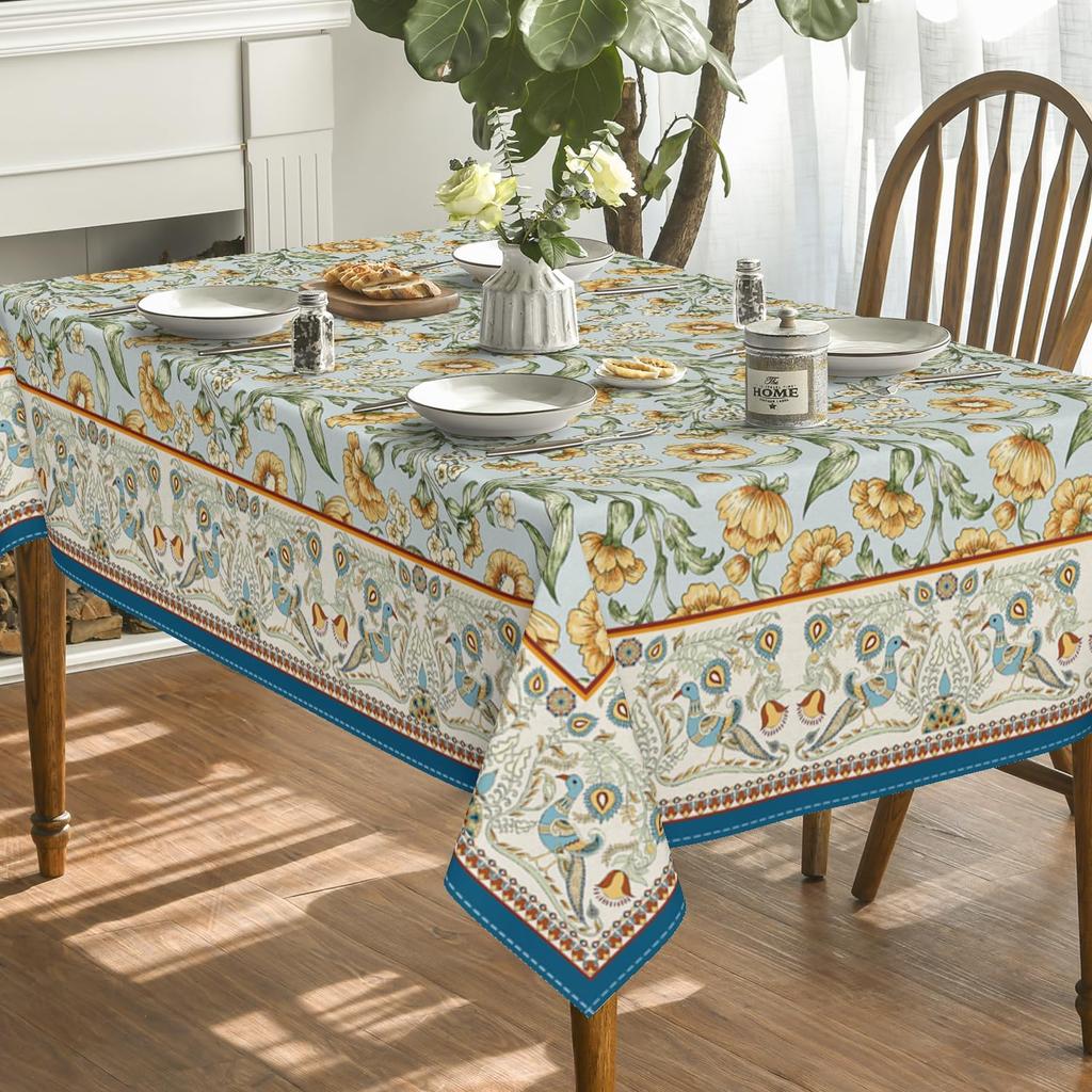 Nappe Lavable Vintage Florale d'Oiseau Décor de Table à Manger Réutilisable Imperméable Housse de Table Style Ferme Décor de Fête de Mariage de Vacances