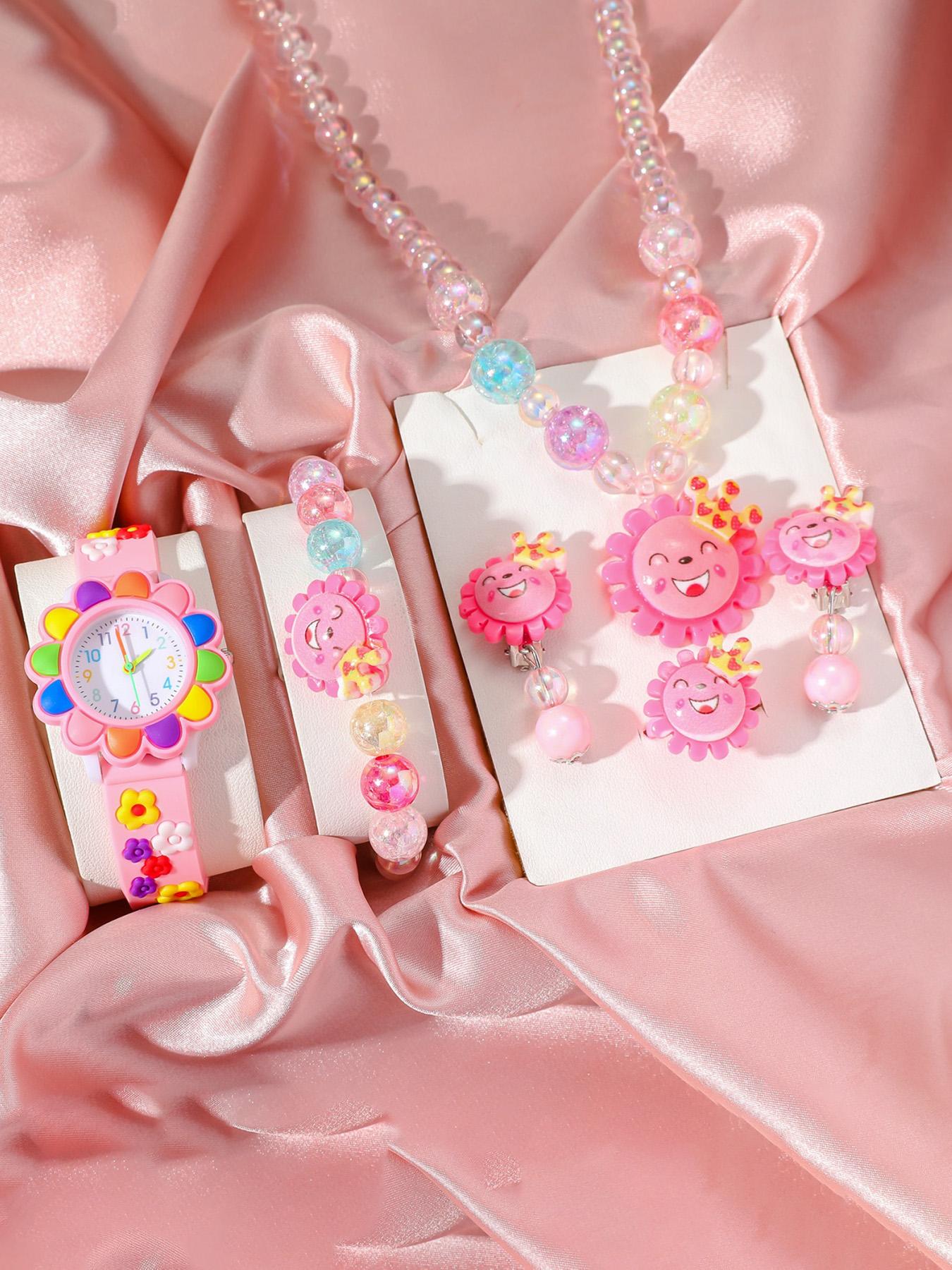 

Cute, sweet and childlike new creative sun design casual and versatile daily fashion trend women s watch jewelry six-piece set розовый