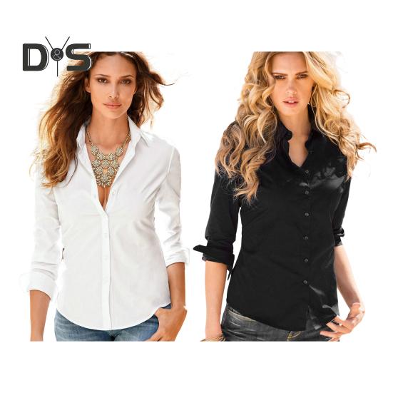 Women Slim Fit Shirt Cotton Long Sleeve Single-Breasted Blouse Solid Color Spring Autumn Lapel Shirt for Work Party Dating