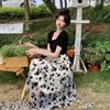 Square Neck A-line Skirt Floral Short Sleeves Dress Sweet Flower Long Dress  Evening Party