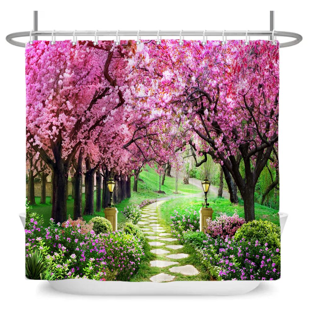 Rural Flowers Scenery Shower Curtain Dreamlike Blooming Flowers Tree Home Bathtub Decor Waterproof Polyester Bathroom Curtains