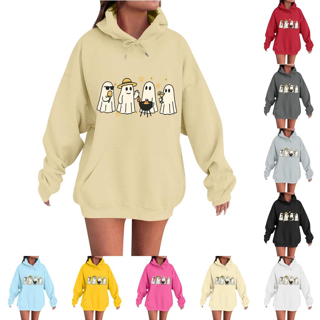 Women's Casual Fashion Comfortable Round Neck With Hood Long Sleeve Halloween Print Warm Sweatshirt
