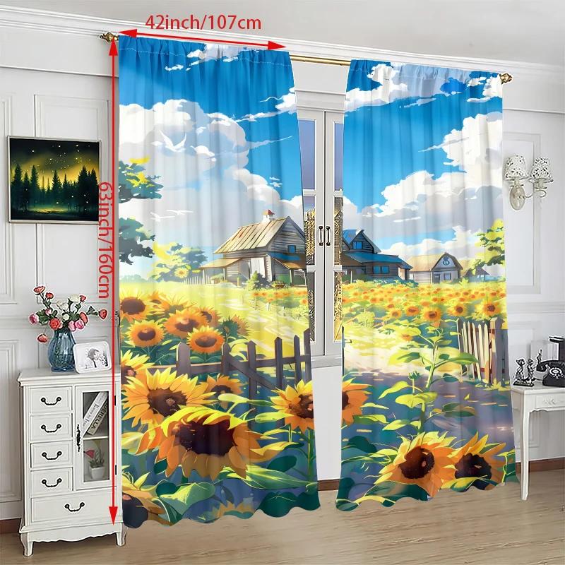 Sunflowers Landscape - HD printed curtain - Polyester material - Suitable for bedroom   living room   study (customizable)