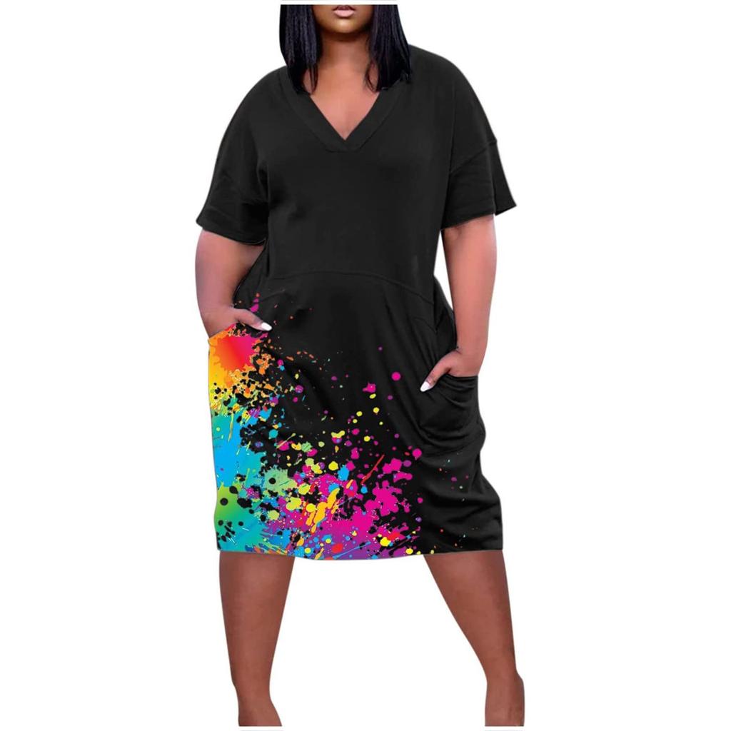2022 Women's Summer Plus Size V Neck Short Sleeve Knee Pocket Casual Dress