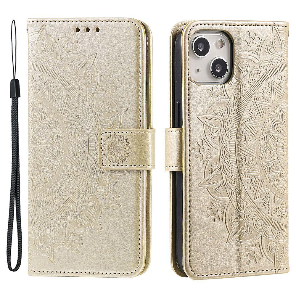For iPhone 15 PU Leather Stand Cover Mandala Flower Imprint Wallet Phone Case with Strap