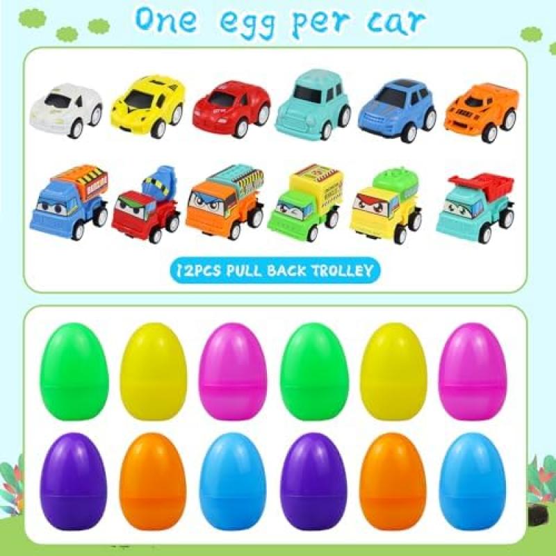 12 Pack Car Easter Eggs with Toy Cars, City Cars & Trucks for Easter Egg Hunt, Basket Stuffers, Party Favors, Easter Gifts for Kids Boys Girls