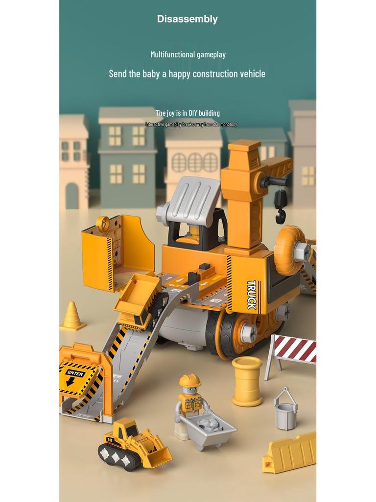 4-in-1 Deformable Engineering Vehicle Set with Small Cars, Crane, Excavator, and Pull-back Toy for Boys