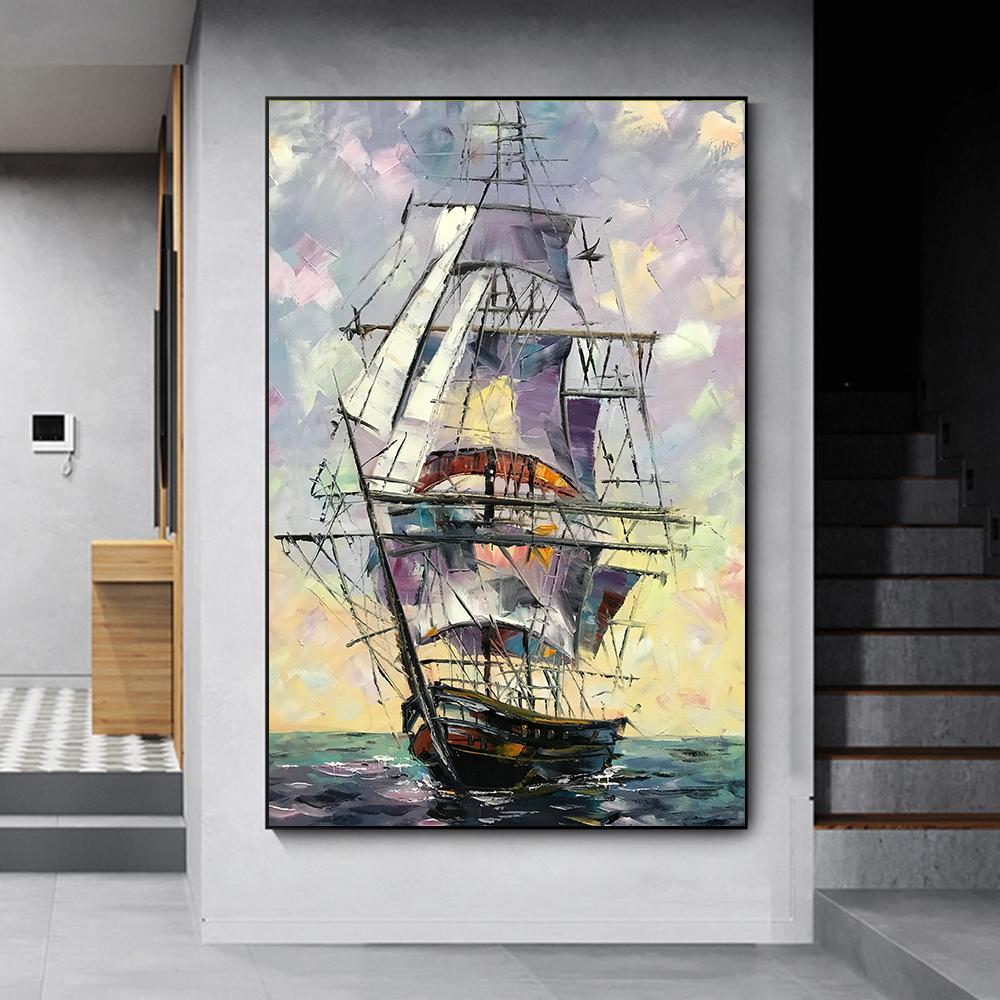 Abstract Ship Canvas Painting Sailing Wall Art Sail Boat Wall Art Seaside Wall Decor Sea Sunset Poster Living Room Decor Unframe