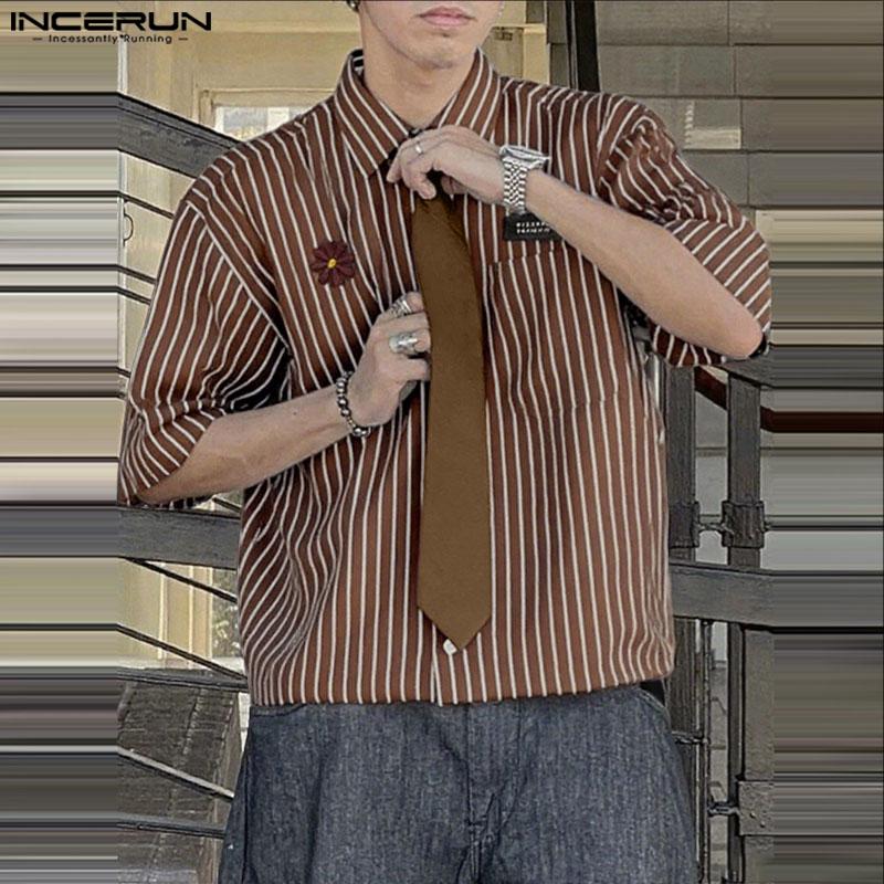 INCERUN Men Summer Tie Up Half Sleeve Striped Loose Casual Shirts Tops