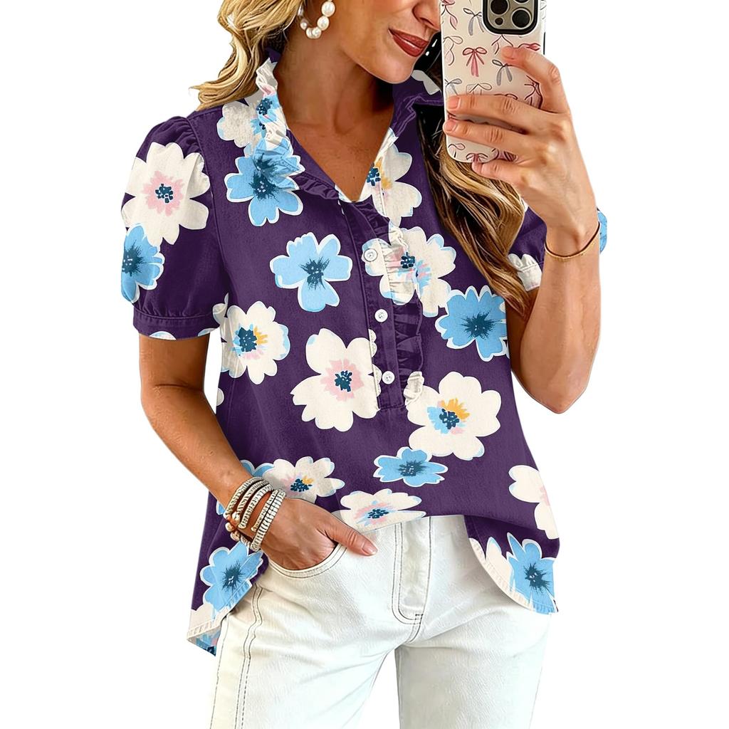 Women Ruffle V Neck Printed Blouse Short Sleeve Casual Loose Fit Top Button Down Lightweight Shirt