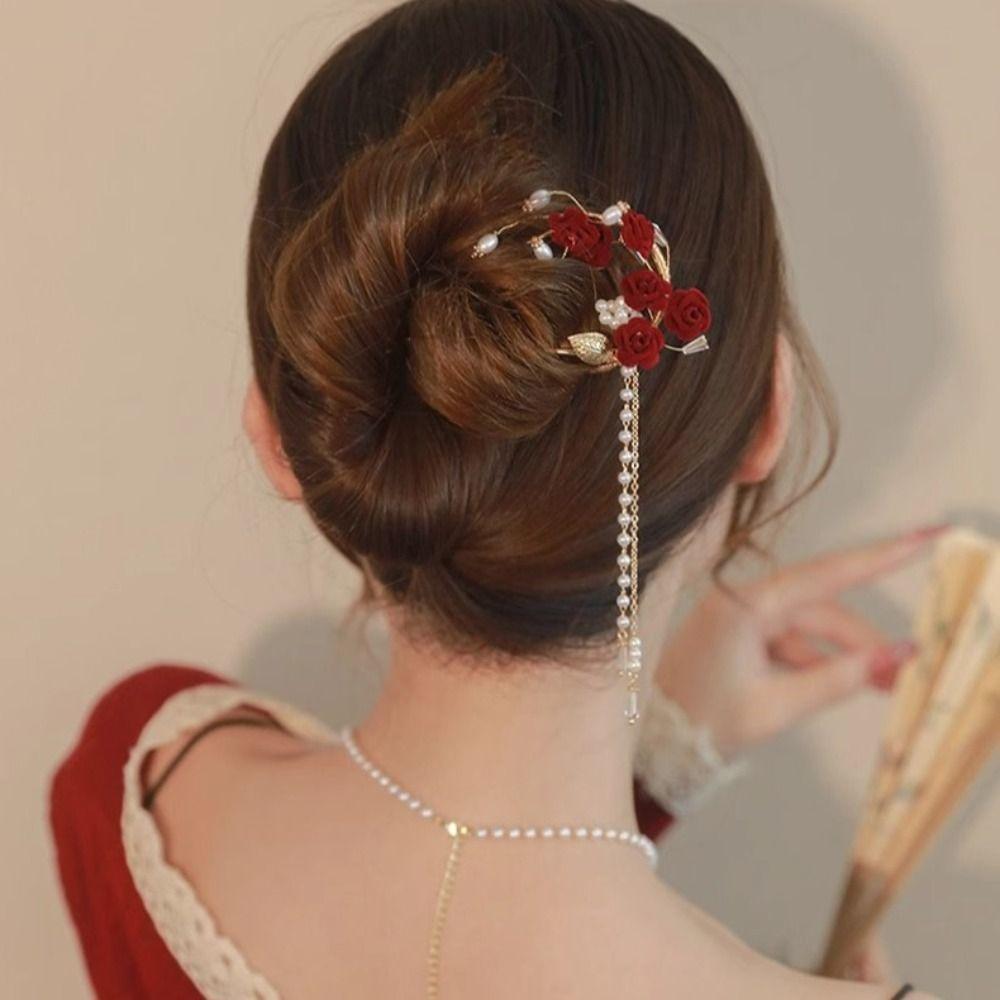 Tassel Rose Hairstick Step Shake U-shape Hairpin Jewelry Flower Hair Clip  Party