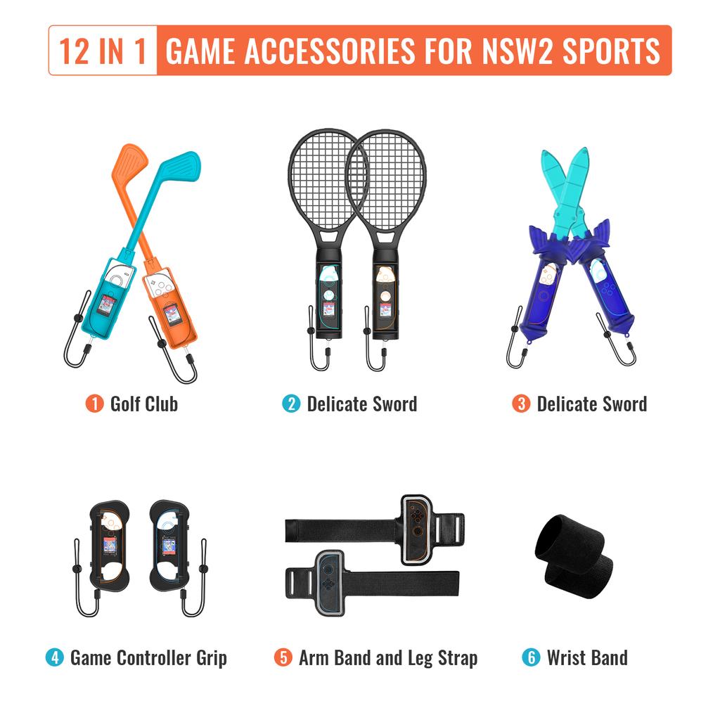 JYS-NS2277 For Nintendo Switch 2 Sports Game Accessories 12 In 1 Tennis Racket Golf Club Leg Strap Sword Set