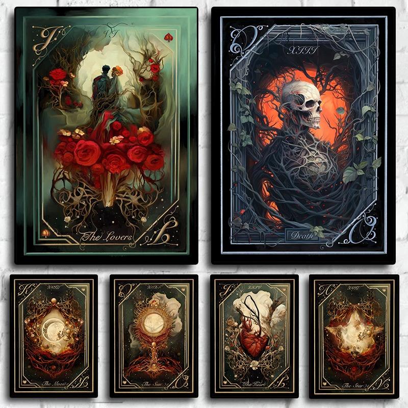 Vintage The Lovers,Sun,Star,Moon,Heart Tarot Card Poster And Prints Canvas Painting Wall Art Pictures Home Room Decor Gift