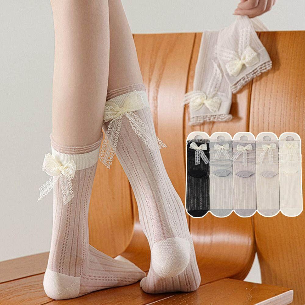 3Pairs Ballet Style Mid Tube Socks Ruffle Sweet Socks Women Cute Mesh Bowknot Socks Girl