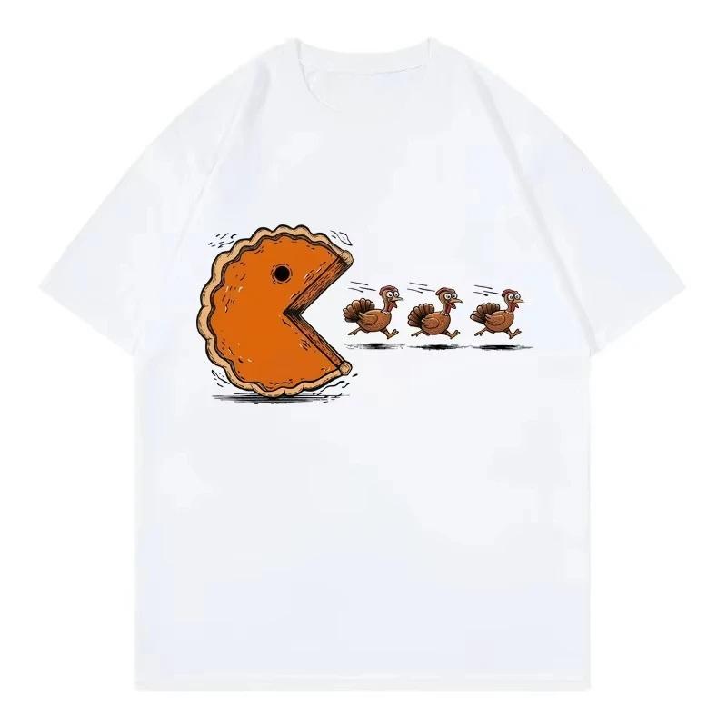 Funny Pumpkin Pie Chasing Turkey Print T Shirt Women Fashion Short Sleeve T-shirt Summer Casual RoundNeck Streetwear Clothing