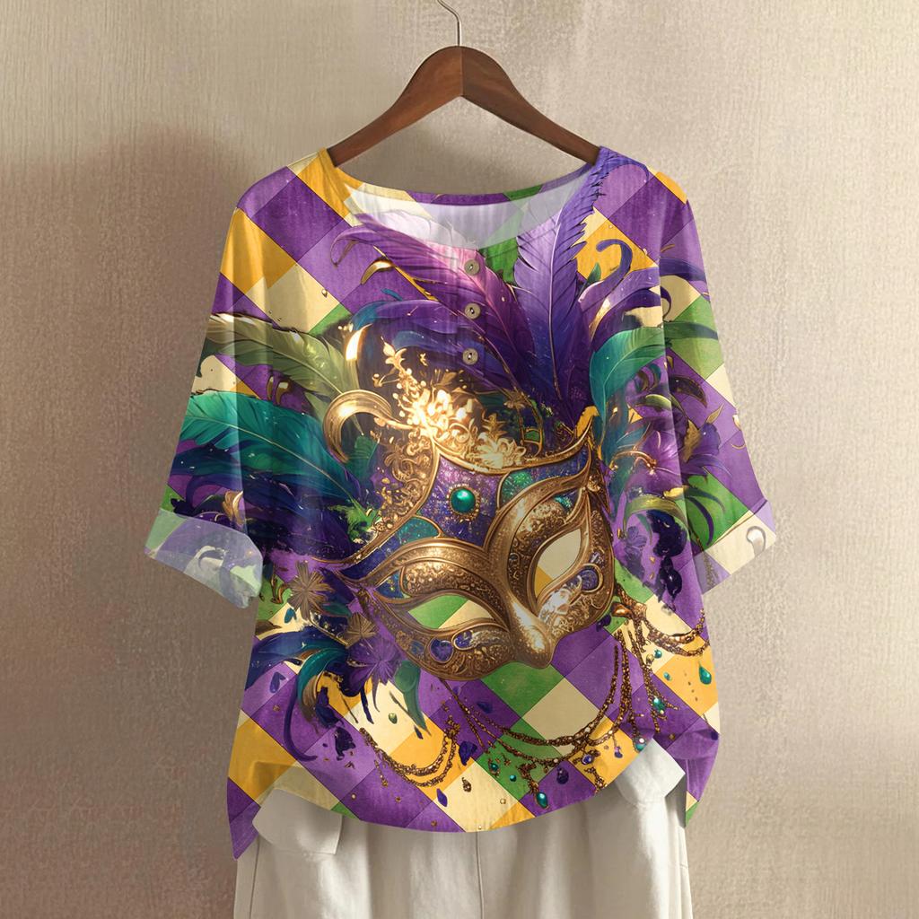 Women's Fashionable And Casual Shirt Half Sleeve Round Neck Print Cotton And Linen Blouse Top