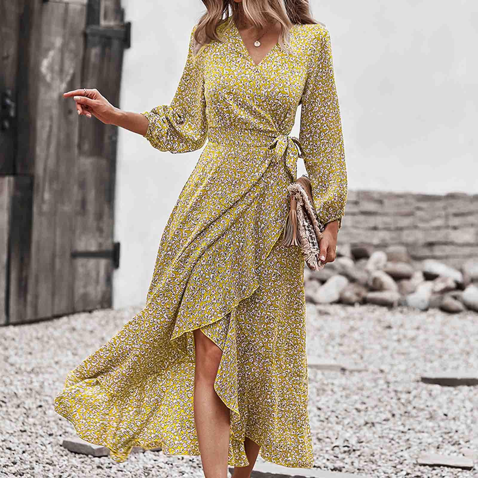 

Жіноча модна сексуальна тонка повсякденна шифонова сукня з квітковим вирізом і V-подібним вирізом XL жовтий