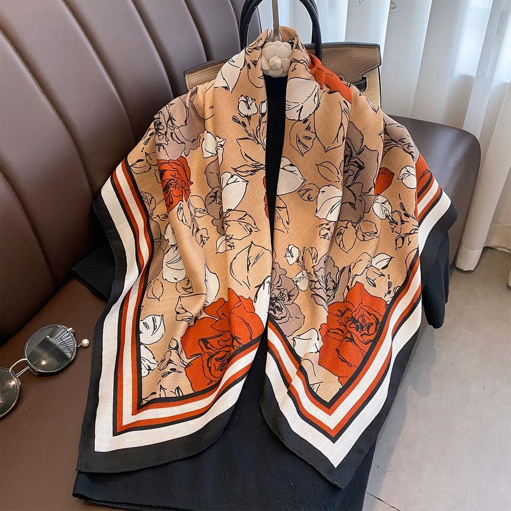 90X90Cm Autumn Vintage Rose Print Square Scarf For Women Unique And High-End Elegant Shawl And Scarf