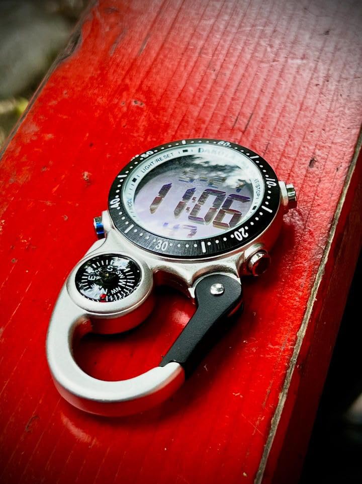 Dakota Taschenuhr mit Karabiner, digital, wasserdicht, Alarm, Stoppuhr, Timer, Kompass, Outdoor, Camping, Klettern, Reisen