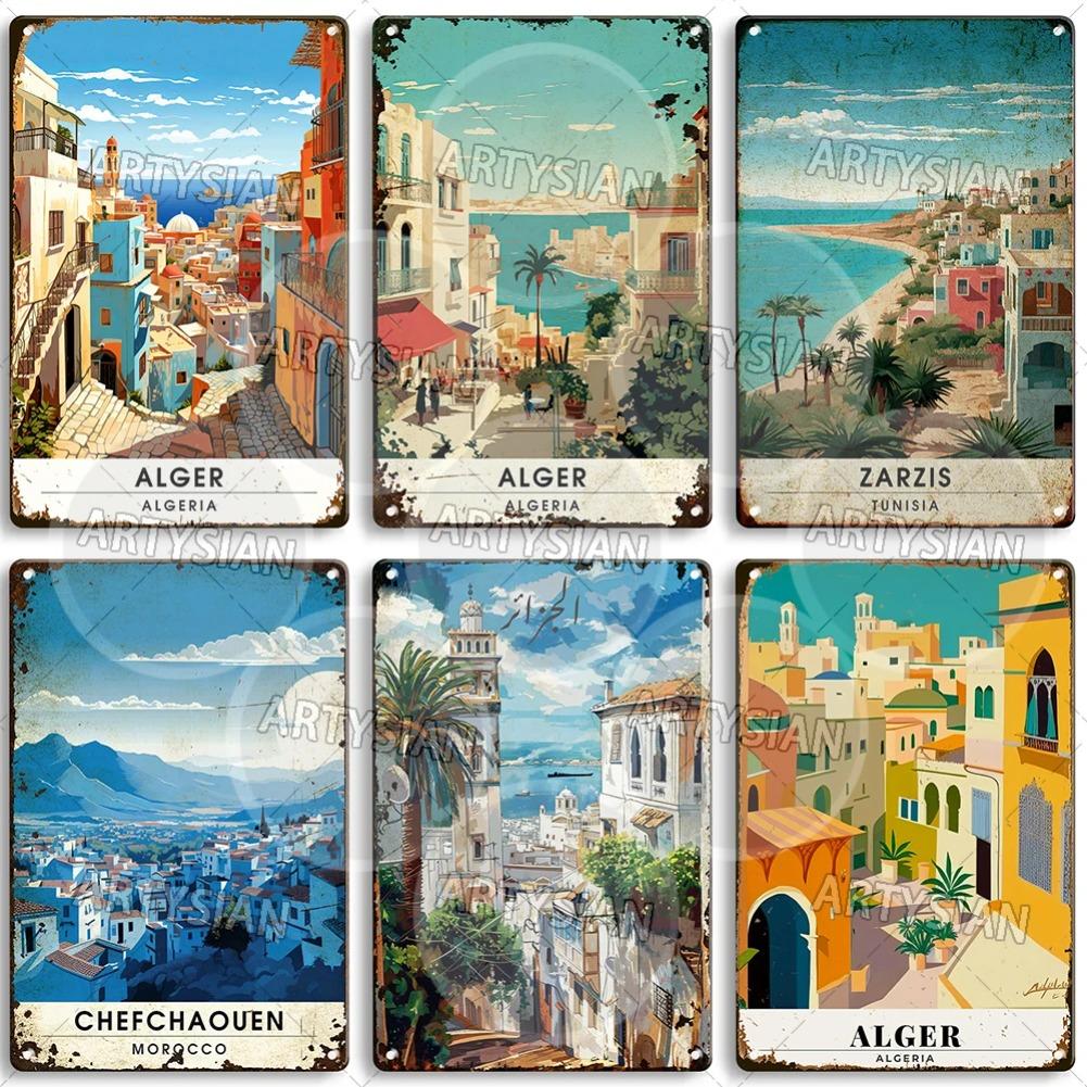 Maghreb Travel Cityscape Metal Sign Alger Algeria Djerba Tunisia Chefchaouen Morocco Marrakesh Zarzis Oran Tiaret Kabylie