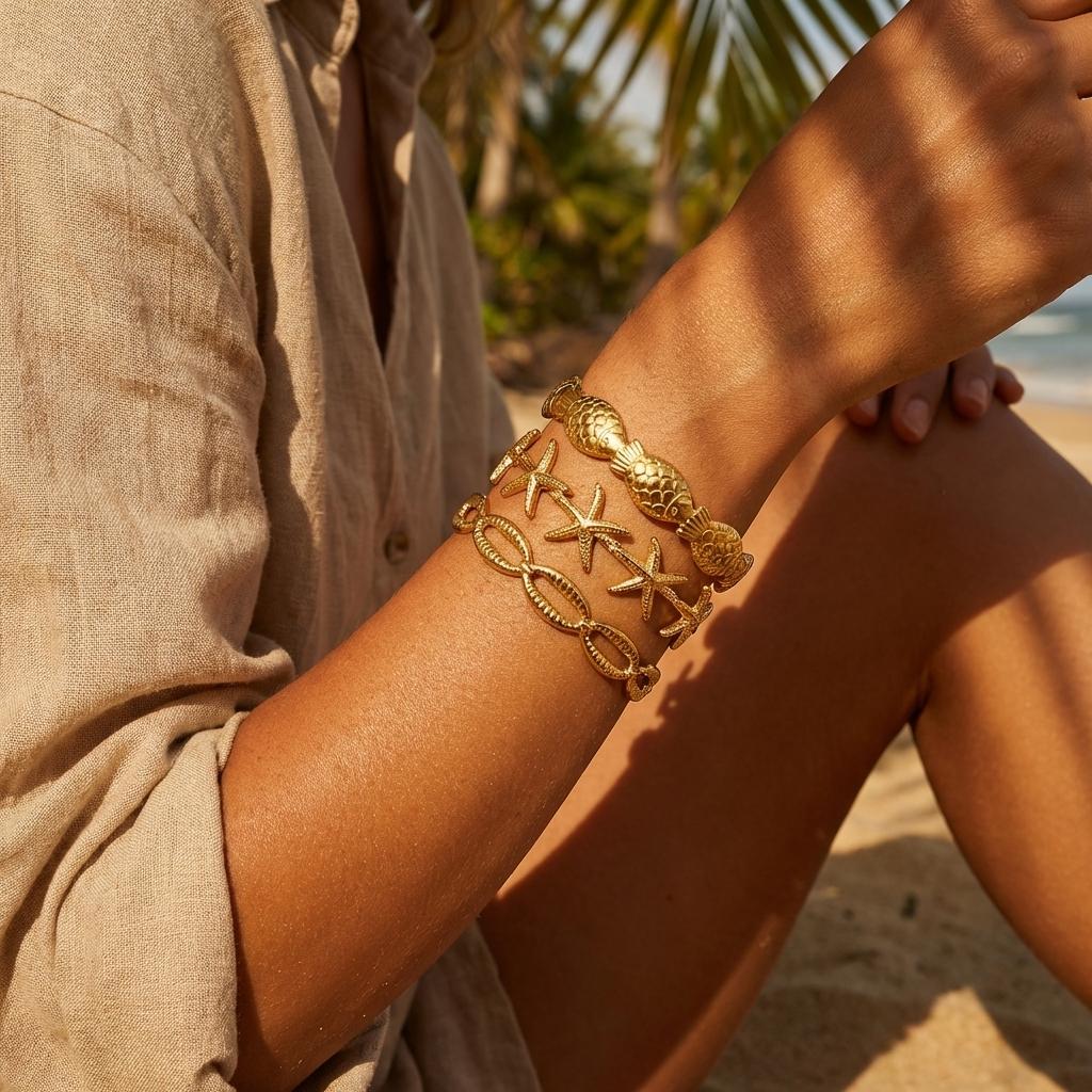 Delicate Ocean Starfish Fish Stainless Steel Cuff Bracelet for Women Minimalist Seashell Resort Vacation Boho Jewelry