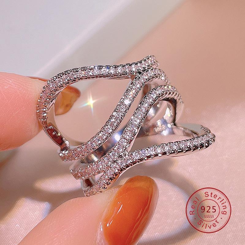 Hot Sale 100% Sterling Silver Wave Rings Clear CZ Circle 4 Layer Lucky Rings for Women Bridal Wedding Bijoux Femme