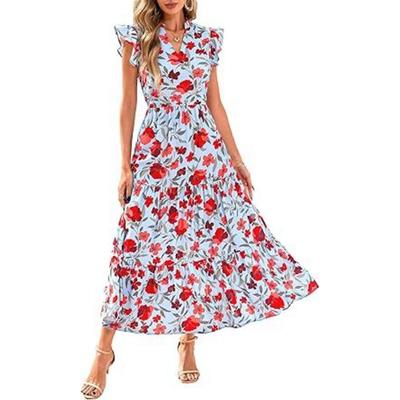 Damen V-Ausschnitt Plissee Flatterärmel Print Midikleid