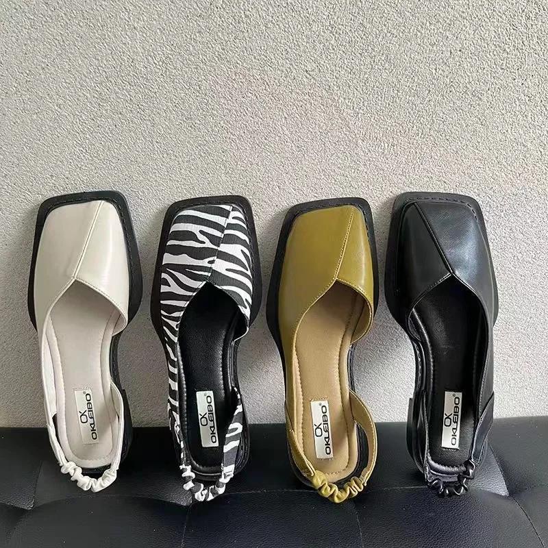 Fashion Elegant Ladies Sandals 2025 Fashion Ladies Elastic Band Flat Heel Women Shallow Party Shoes Square Heel Square Toe