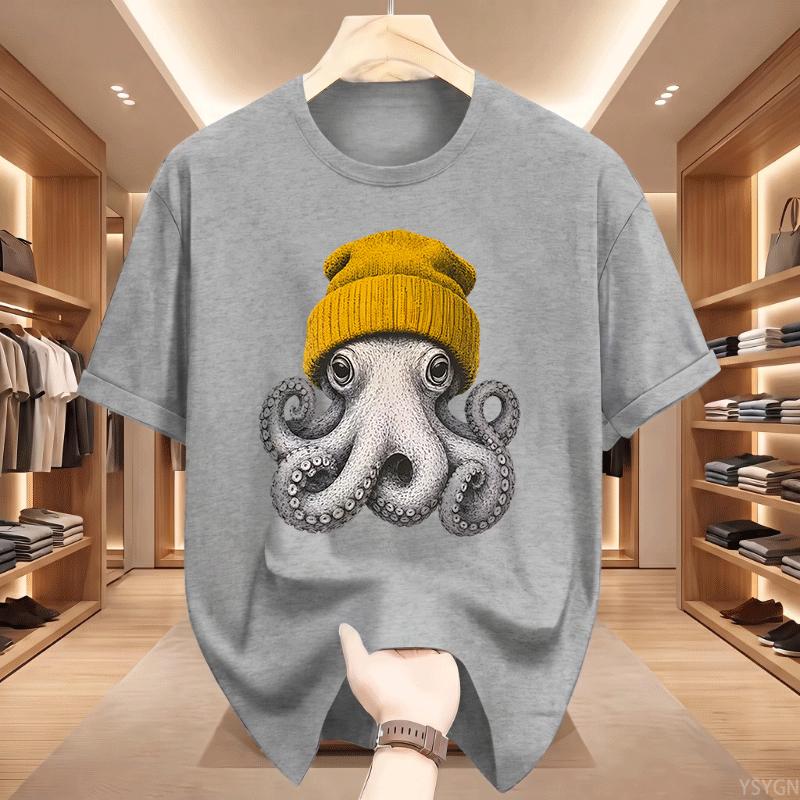 Cute Octopus Beanie T Shirt Ocean Animal Tshirt Vintage Octopus Tees Casual Round Neck Printed Cotton Short Sleeve Tshirts Tops